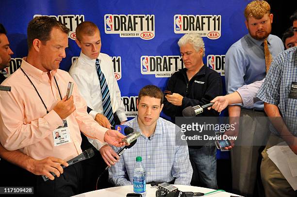 Draft Prospect, Jimmer Fredette speaks to the media during media availability as part of the 2011 NBA Draft on June 22, 2011 at the Westin Times...