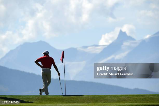 Gaganjeet Bhullar of India prepares to play a putt on the 7th hole during Day Two of the Omega European Masters at Crans-sur-Sierre Golf Club on...
