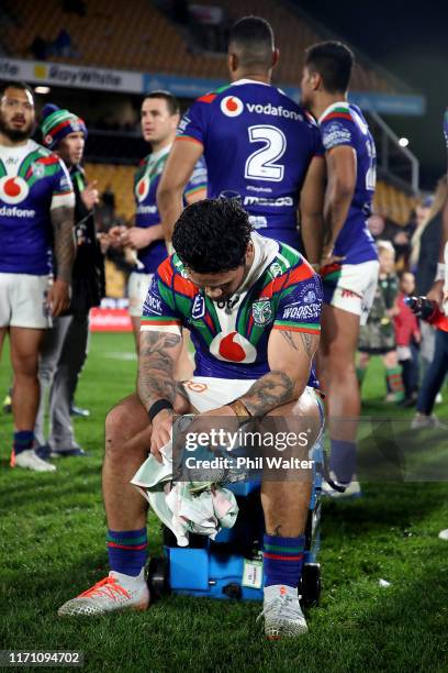 Issac Luke of the Warriors sits dejected following the round 24 NRL match between the New Zealand Warriors and the South Sydney Rabbitohs at Mt Smart...