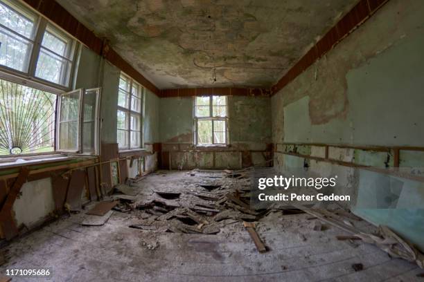 abandoned secret soviet military base - room with destroyed floors - floorboard bildbanksfoton och bilder