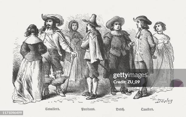 costumes of american settlers, 17th century, wood engraving, published 1876 - quakerism stock illustrations