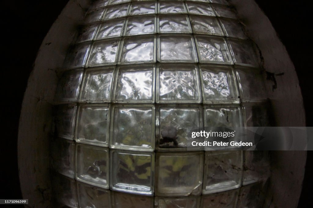 Abandoned secret soviet military base - glass cube brick wall