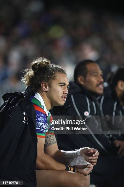 Chanel Harris-Tavita of the Warriors is injured on the sideline during the round 24 NRL match between the New Zealand Warriors and the South Sydney...
