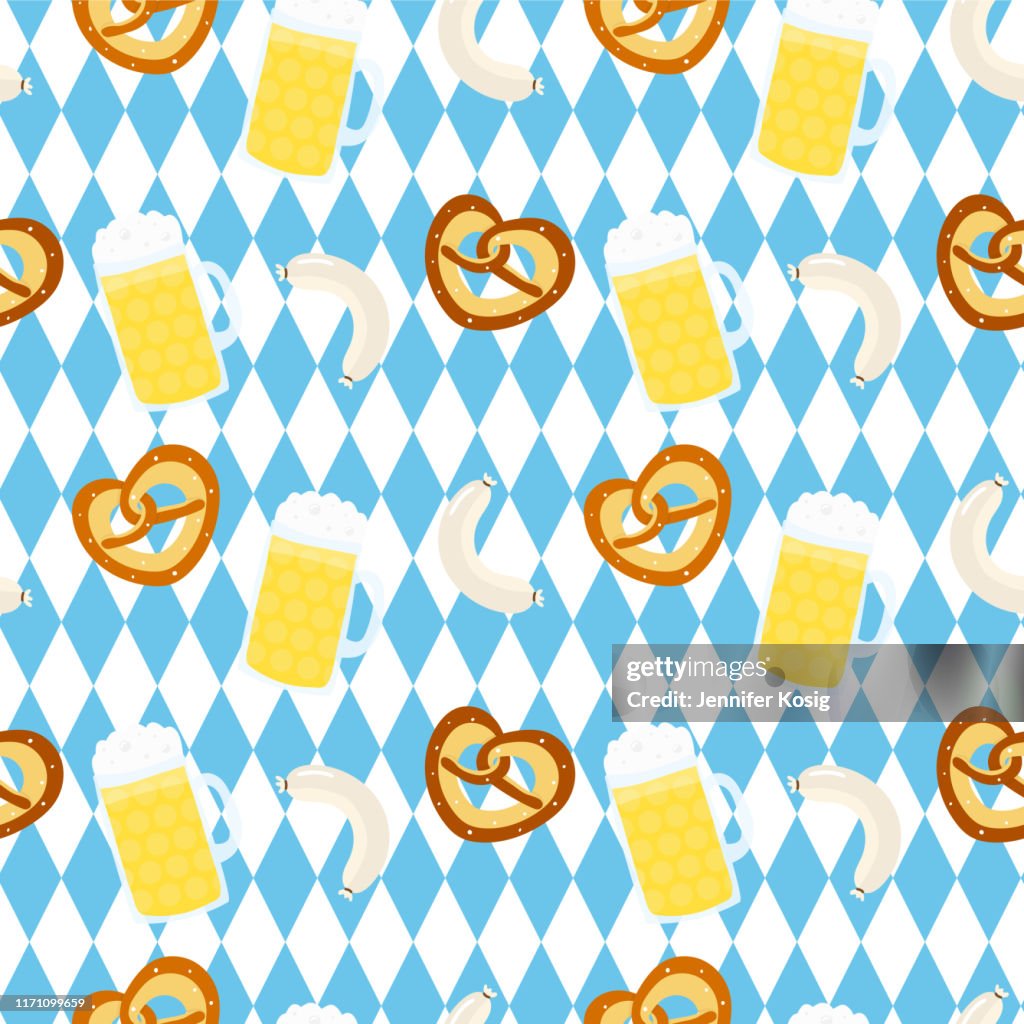 Seamless Beer Fest illustration pattern with bavarian flag background