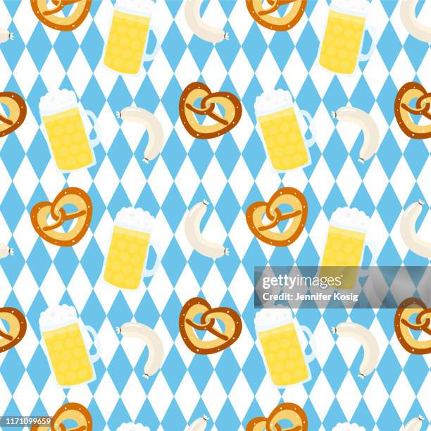 seamless beer fest illustration pattern with bavarian flag background - bavarian forest stock illustrations