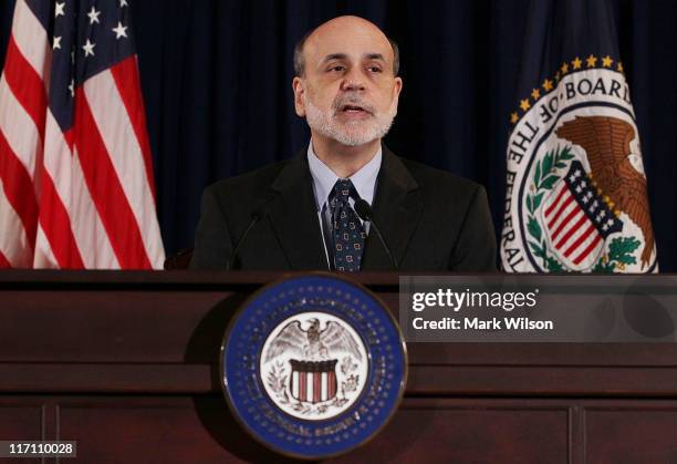 Federal Reserve Chairman Ben Bernanke participates in a press briefing at the Federal Reserve building, on June 22, 2011 in Washington, DC. Chairman...