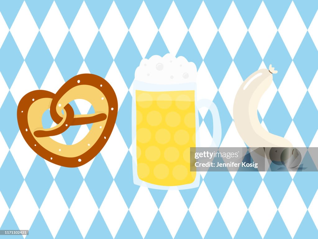 Beer Fest symbols illustration with bavarian flag background