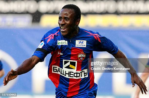 Seydou Doumbia of PFC CSKA Moscow celebrates after scoring a goal during the Russian Football League Championship match between PFC CSKA Moscow and...