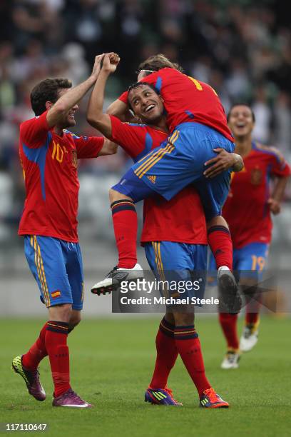 Jeffren Suarez of Spain celebrates scoring the third goal with Diego Capel and Juan Mata during the UEFA European Under-21 Championship semi-final...