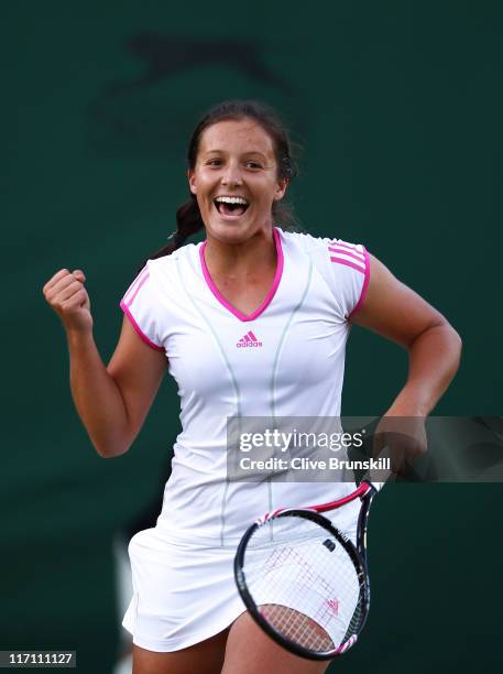 Laura Robson of Great Britain celebrates after winning her first round match against Angelique Kerber of Germany on Day Three of the Wimbledon Lawn...
