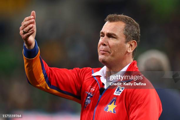 Wayne Carey head coach of the All-Stars reacts during the EJ Whitten Legends Match at AAMI Park on August 30, 2019 in Melbourne, Australia.