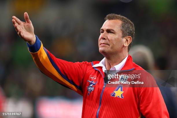 Wayne Carey head coach of the All-Stars reacts during the EJ Whitten Legends Match at AAMI Park on August 30, 2019 in Melbourne, Australia.