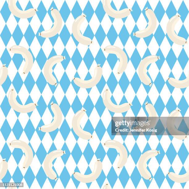 seamless beer fest white sausage weiãÿwurst illustration pattern with bavarian flag background - bavarian forest stock illustrations