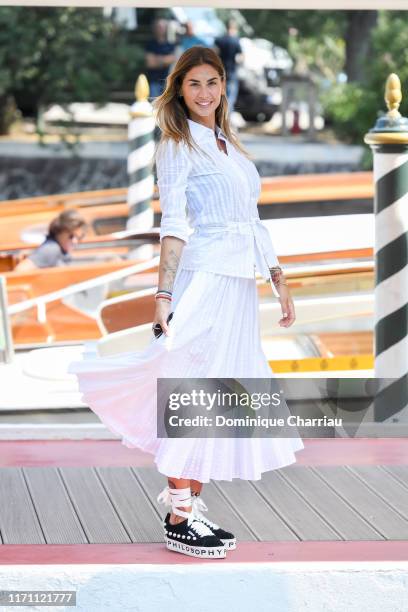 Melissa Satta is seen arriving at the 76th Venice Film Festival on August 30, 2019 in Venice, Italy.