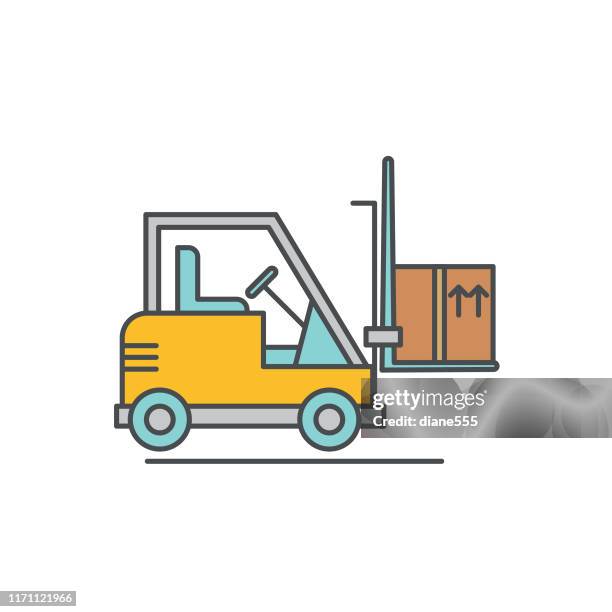 forklift truck with boxes logistics delivery and transport thin line icon - forklift stock illustrations