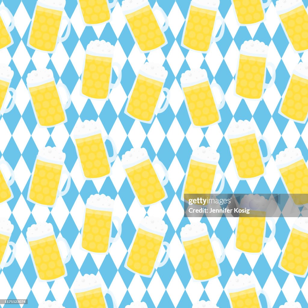 Seamless Beer Fest beer glass illustration pattern with bavarian flag background