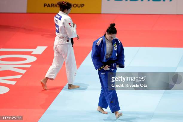 Mayra Aguiar of Brazil reacts after beating Patricia Sampaio of Portugal in the Women's -78kg bronze medal bout on day six of the World Judo...
