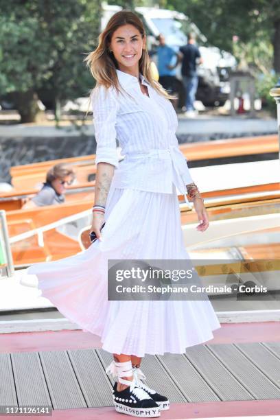 Melissa Satta is seen arriving at the 76th Venice Film Festival on August 30, 2019 in Venice, Italy.