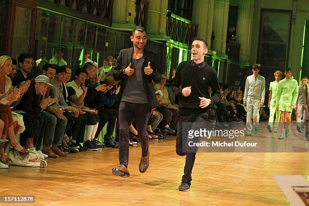 Nicolas Formichetti and Romain Kremer during the Mugler Menswear Spring/Summer 2012 show as part of Paris Fashion Week at Jardin des Plantes on June...