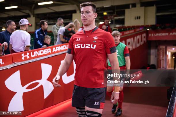 Adam Beard of Wales walks into the stadium at the Captains Run on the eve of their Rugby World Cup 2019 warm-up match against Ireland at the...