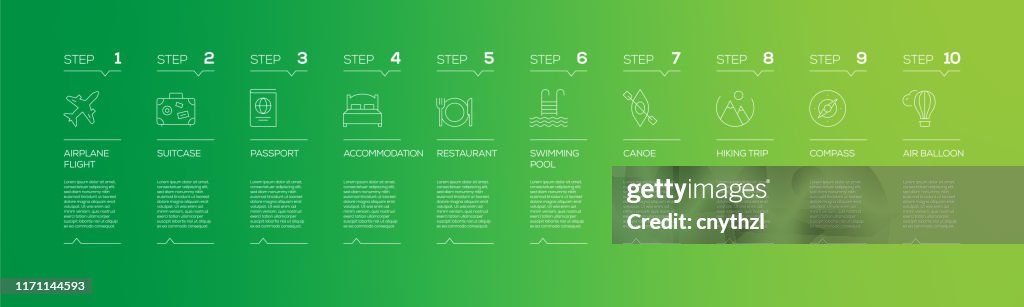 Travel and Holiday Related Infographic Design Template with Icons and 10 Options or Steps for Process diagram, Presentations, Workflow Layout, Banner, Flowchart, Infographic.
