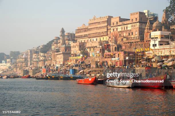 tourist cruise boats on ganges river-varanasi india - varanasi cruise stock pictures, royalty-free photos & images