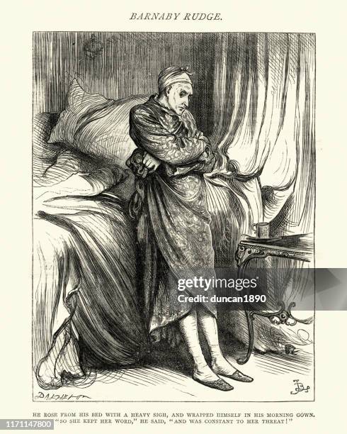 barnaby rudge, he rose from his bed with a heavy sigh - robe rose stock illustrations