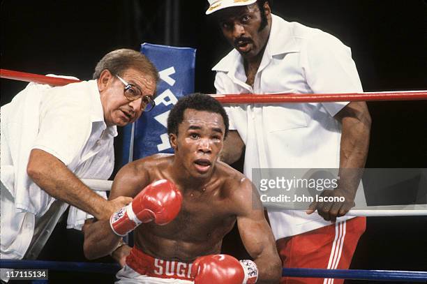 Welterweight Title: Sugar Ray Leonard getting out of corner with trainers Angelo Dundee and Janks Morton during fight vs Thomas Hearns at Caesars...