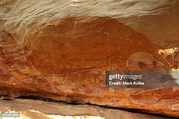 The artwork of Giant Horse Aboriginal rock art galleries in the Quinkan Country is seen on June 19, 2011 in Laura, Australia. The ancient aboriginal...