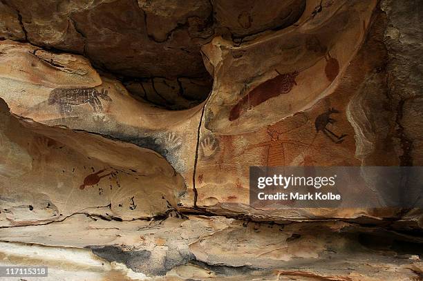 The artwork of Giant Horse Aboriginal rock art galleries in the Quinkan Country is seen on June 19, 2011 in Laura, Australia. The ancient aboriginal...