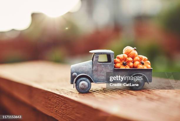 little truck with load of miniature pumpkins for fall and thanksgiving - thanksgiving wallpaper imagens e fotografias de stock