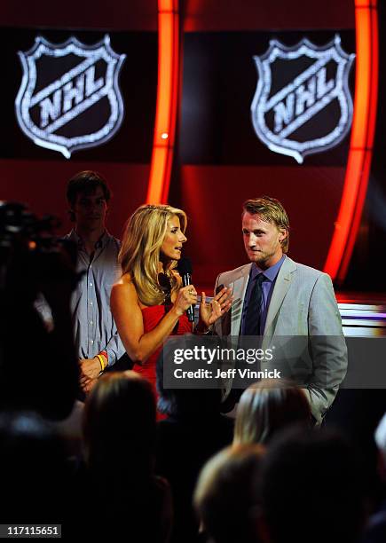 Network Host Michelle Beisner speaks to Steve Stamkos of the Tampa Bay Lightning during the 2011 NHL Awards at The Pearl concert theater at the Palms...