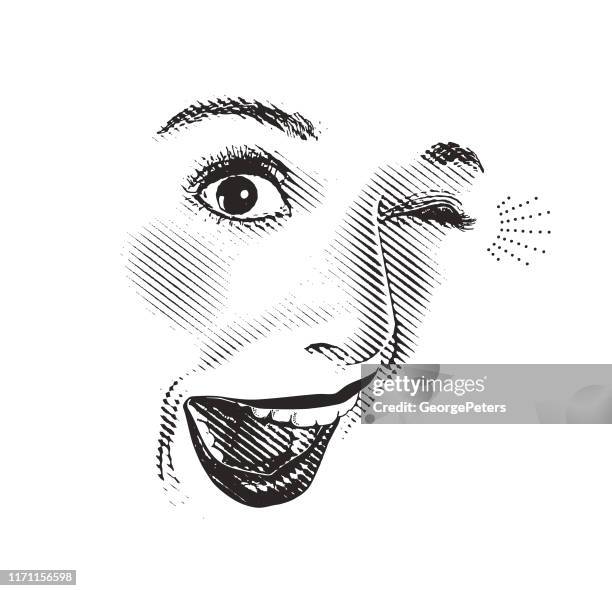 high key engraving of woman's eyes and lips, with happy, surprised expression - winking eye stock illustrations