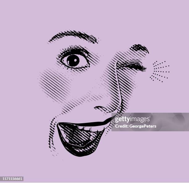 high key engraving of woman's eyes and lips, with happy, surprised expression - winking eye stock illustrations