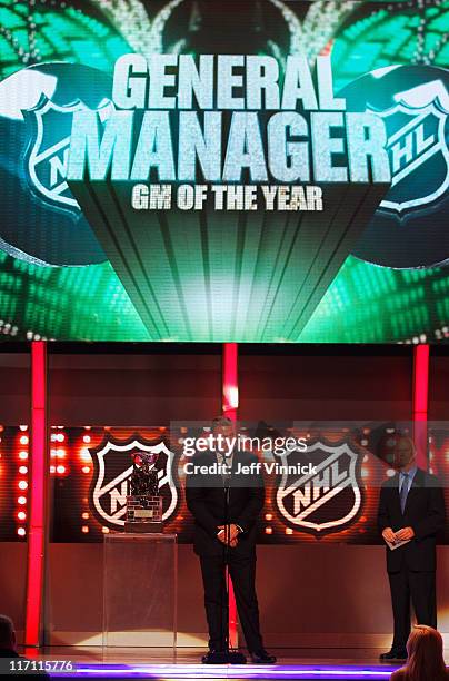 Mik Gillis of the Vancouver Canucks accepts the NHL General Manager of the Year Award during the 2011 NHL Awards at The Pearl concert theater at the...