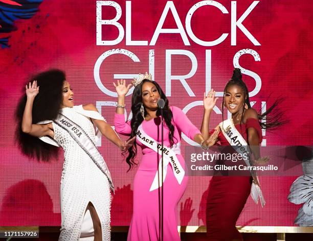 Miss USA 2019 Cheslie Kryst, Actress Niecy Nash and Miss America 2019 Nia Franklin speak on stage during the 2019 Black Girls Rock! at NJ Performing...