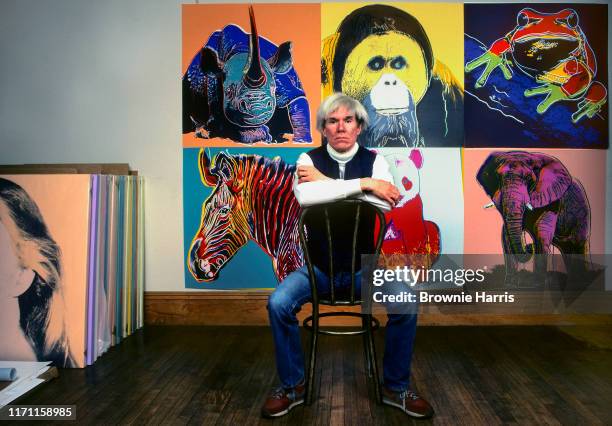 American Pop artist Andy Warhol sits in front of several paintings in his 'Endangered Species' at his studio, the Factory, in Union Square, New York,...