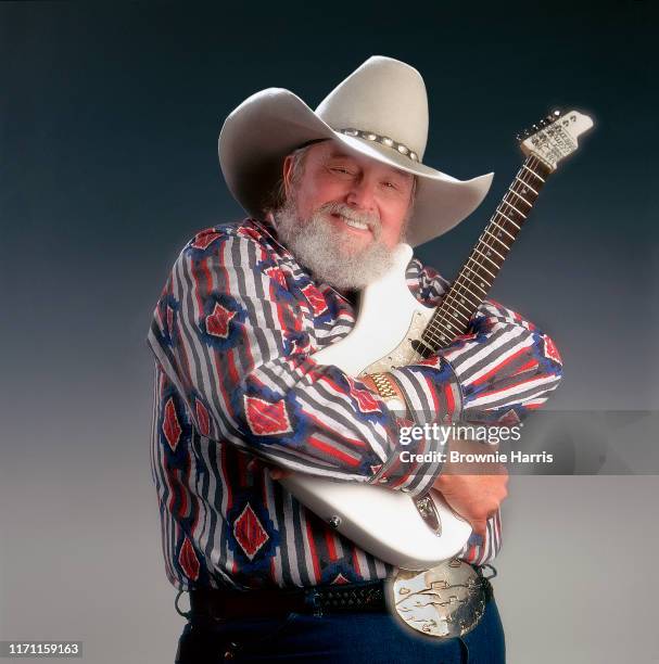 American Country and Bluegrass musician Charlie Daniels with his guitar, Wilmington, North Carolina, 1997.