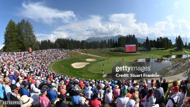 General view of the 13th green during Day Two of the Omega European Masters at Crans-sur-Sierre Golf Club on August 30, 2019 in Crans-Montana,...