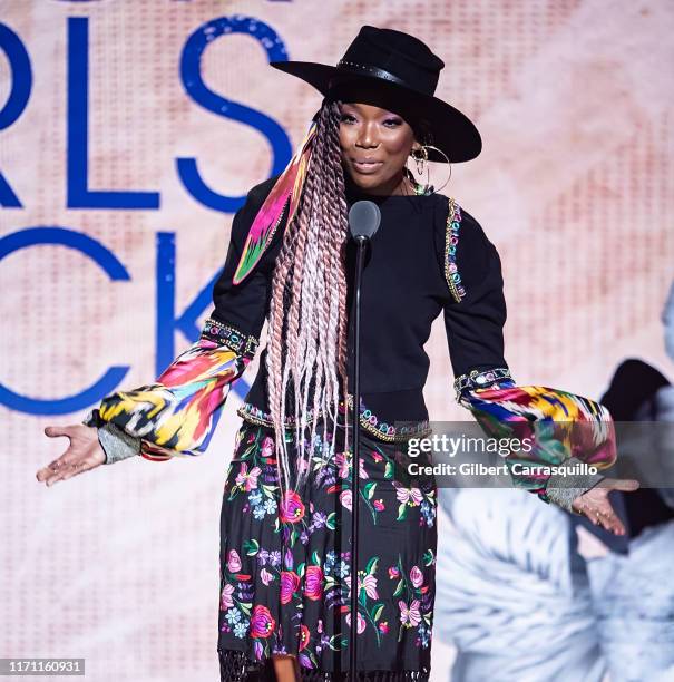 Singer/ Actress Brandy speaks onstage during 2019 Black Girls Rock!t NJ Performing Arts Center on August 25, 2019 in Newark, New Jersey.