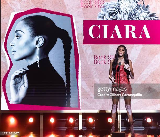 Model Winnie Harlow speaks on stage during the 2019 Black Girls Rock! at NJ Performing Arts Center on August 25, 2019 in Newark, New Jersey.