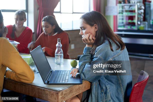 woman using laptop with friends in cafeteria - 20 24 jahre stock-fotos und bilder