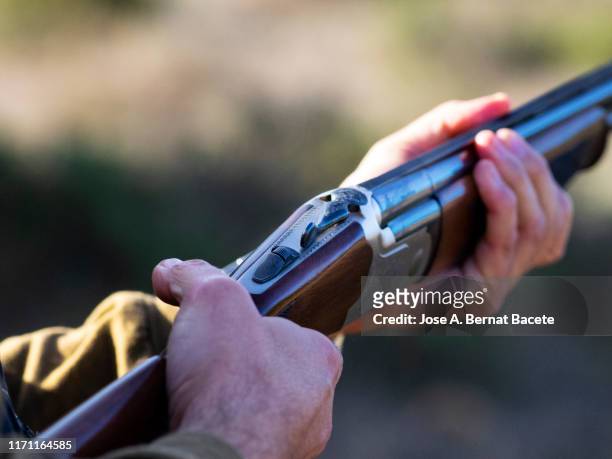hands of a hunter loading a hunting shotgun. - jachtgeweer stockfoto's en -beelden
