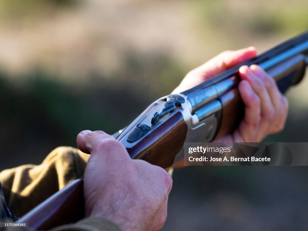 Hands of a hunter loading a hunting shotgun.