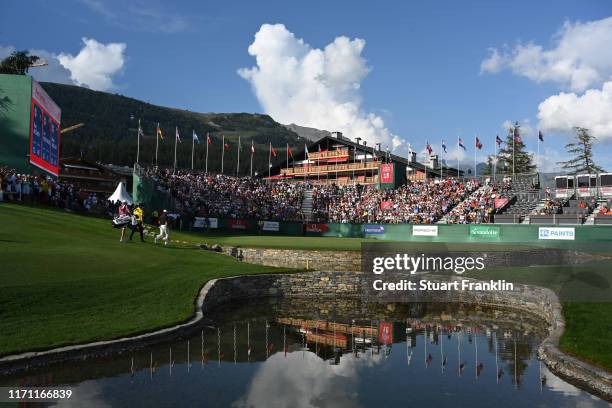 General view of the 18th green during Day Two of the Omega European Masters at Crans-sur-Sierre Golf Club on August 30, 2019 in Crans-Montana,...