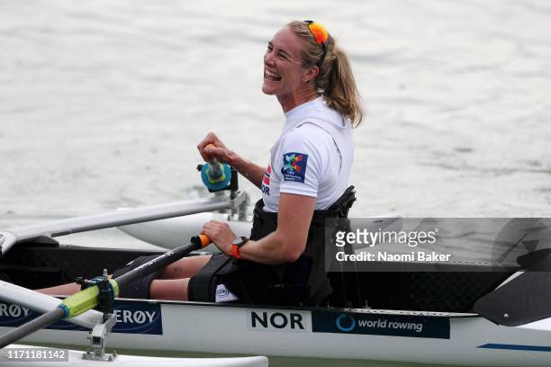 Birgit Skarstein of Norway celebrates after winning the PR1 Women's Single Sculls semi final and qualifies the boat for the Paralympic Tokyo 2020...