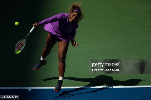 Serena Williams of the United States serves a shot during her Women's Singles third round match against Karolina Muchova of Czech Republic on day...