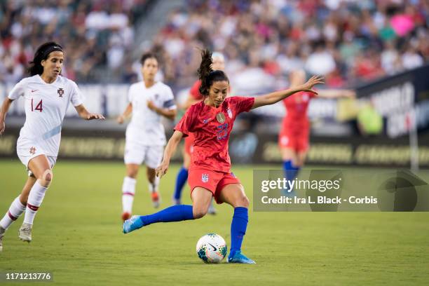 Christen Press of United States of the U.S. Women's 2019 FIFA World Cup Championship takes the shot on goal during the 1st half of the Victory Tour...