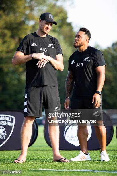 Former All Black Norm Maxwell and Former All Black Anthony Tuitavake attend at the All Blacks Clinic press preview on August 30, 2019 in Milan, Italy.