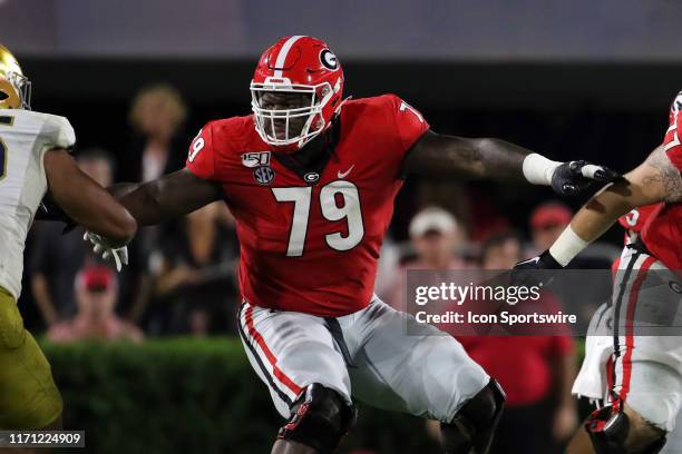 Georgia Bulldogs offensive lineman Isaiah Wilson during the game between the Georgia Bulldogs and the Notre Dame Fighting Irish on September 21, 2019...